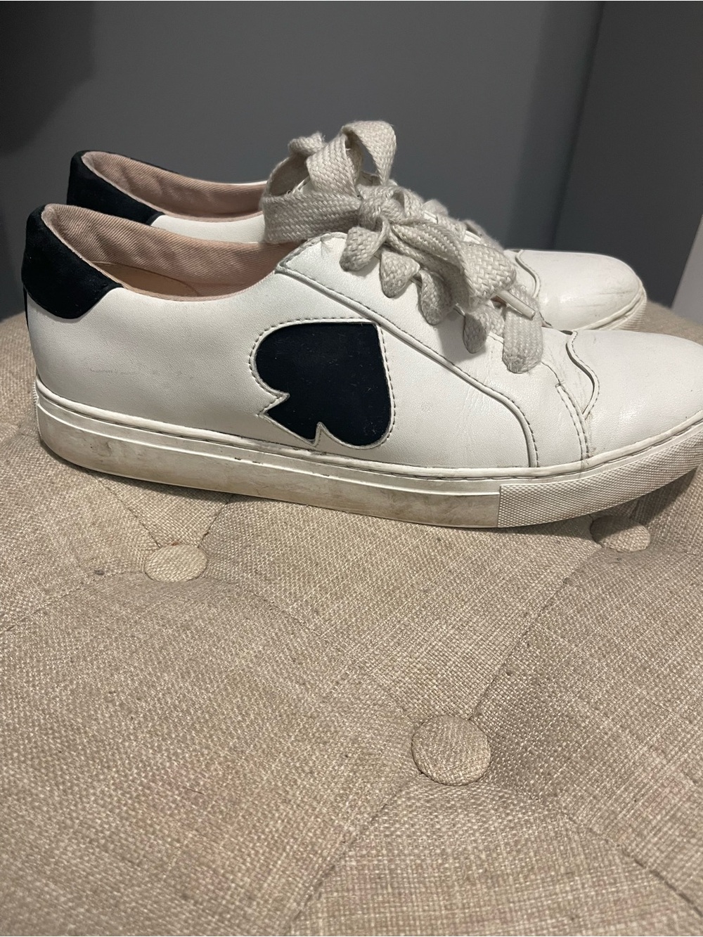 kate spade White Leather Sneakers with Black Heart Accent